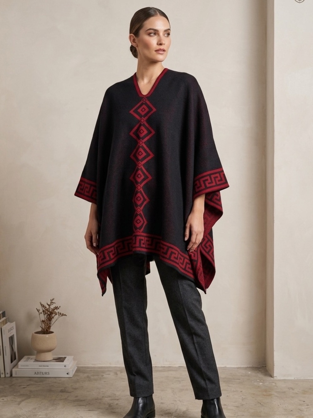 Hand Crafted Black and Red Geometric Knit Poncho